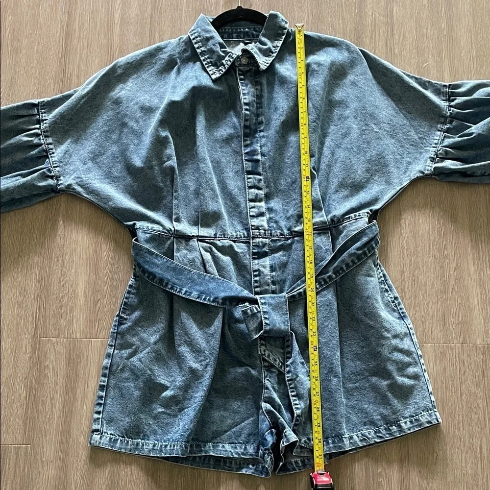 Women Denim Button-Up Ballon Sleeve Romper w/ Belt XL Causal Cotton Contemporary